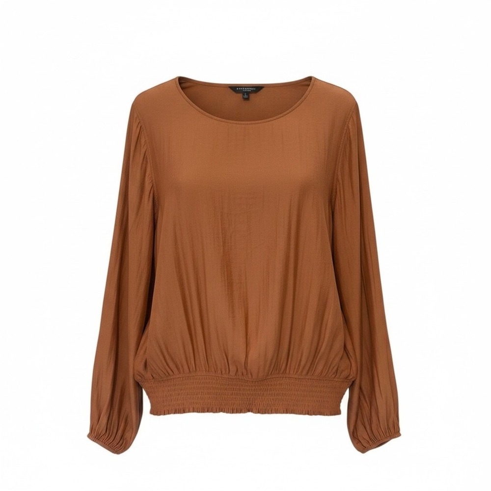 Liverpool Cognac Brown Smocked Hem Blouse Long Sleeve Scoop Neck Top S